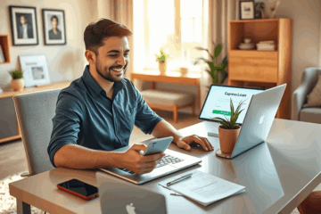 Imagen de un usuario feliz recibiendo un préstamo express en su cuenta.